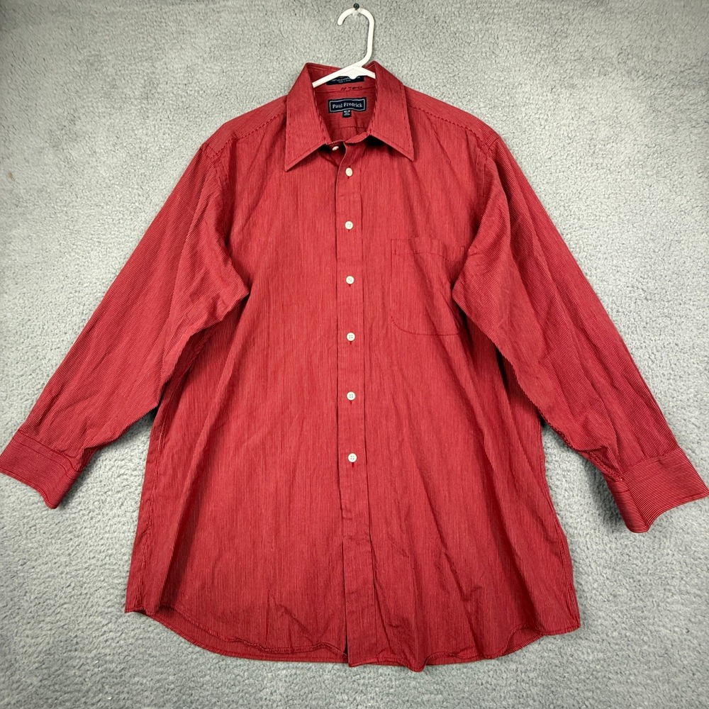Paul Fredrick Mens Red Pinstripe‎ Long Sleeve Cotton Dress Shirt 16 1/2 32